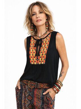 Anthropologie Mauve Black Sleeveless Boho Indie Blouse Woven Hi Low Top Women XL